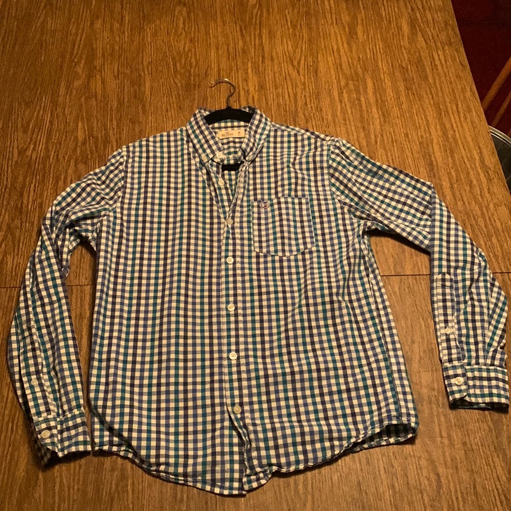 Plaid Green, black, blue and white checkered shirt